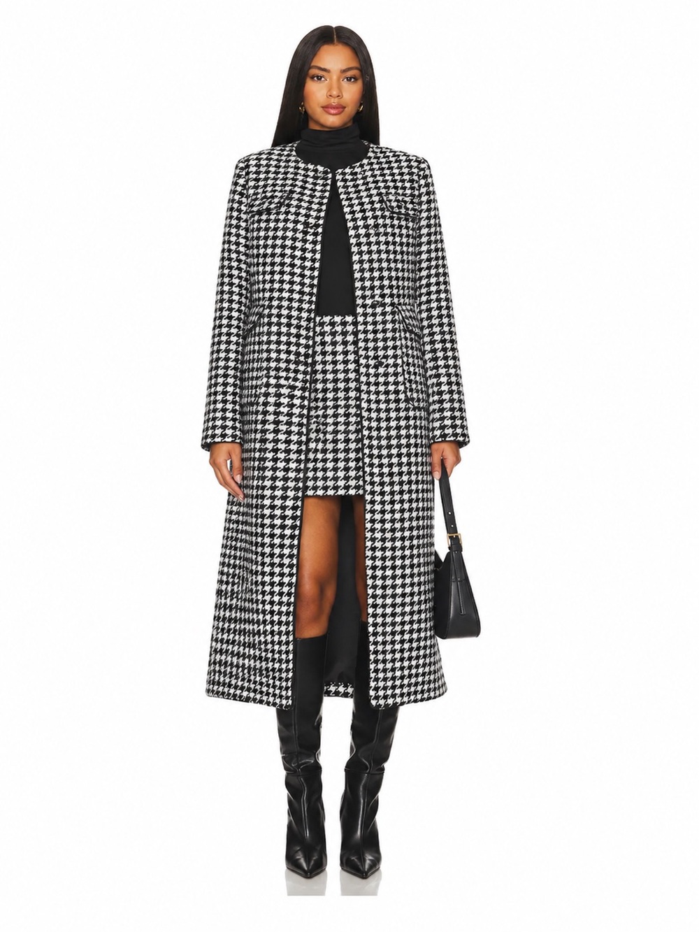 Favorite Daughter The Posh Houndstooth Tweed Wool Blend Coat Quiet Luxury Preppy